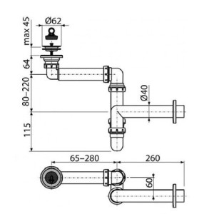 Размеры сифона Alcaplast A413