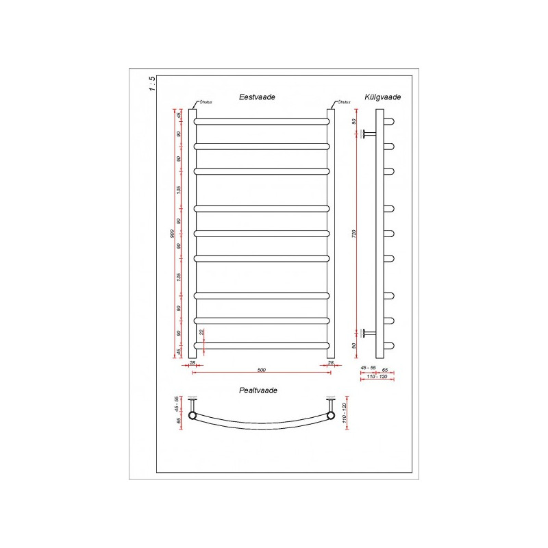 Полотенцесушитель Fincopper FCL 500x900 НП (1/2") черный размеры