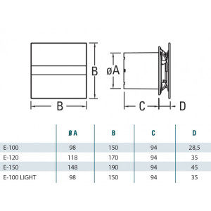 Размеры вентилятора CATA E-100 GSTH Glass Silver Timer Hygro