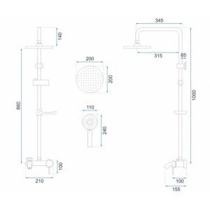 Душевая система Rea Luis Black REA-P7005 размеры