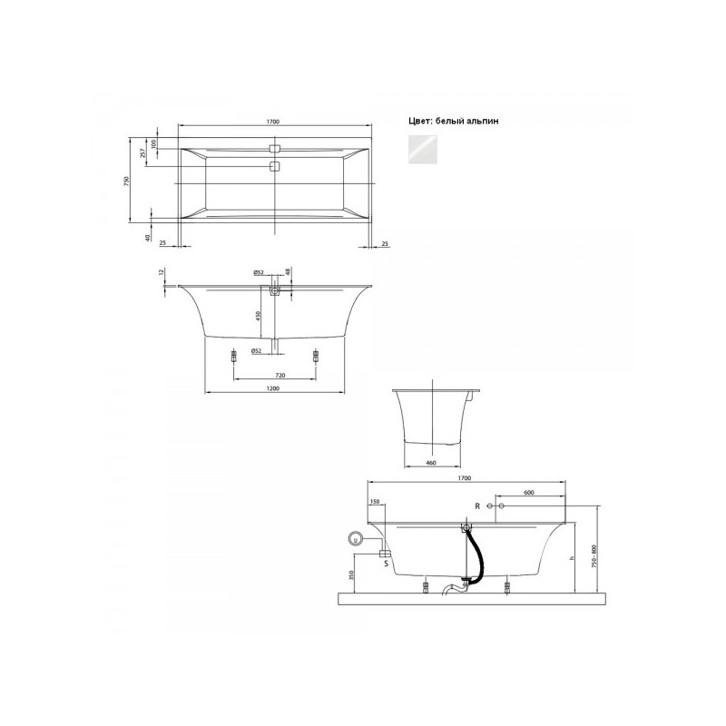 Ванна квариловая Villeroy & Boch Squaro Edge 12 170x75 (с ножками и сифоном) схема