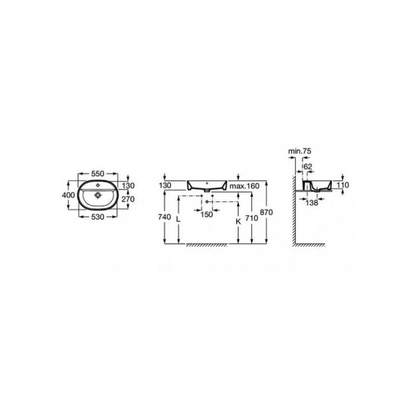 Умывальник Roca The Gap Round 55x40 3270Y3000 схема