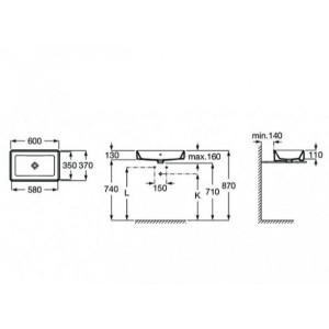 Умывальник Roca The Gap Square 60x37 3270Y2000 схема