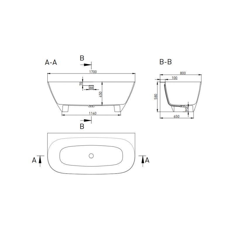 Ванна каменная Salini Sofia Wall S-Sense 170x80 глянцевый параметры