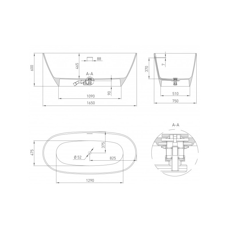 Ванна каменная Salini Sofia S-Stone 164x75 матовый параметры