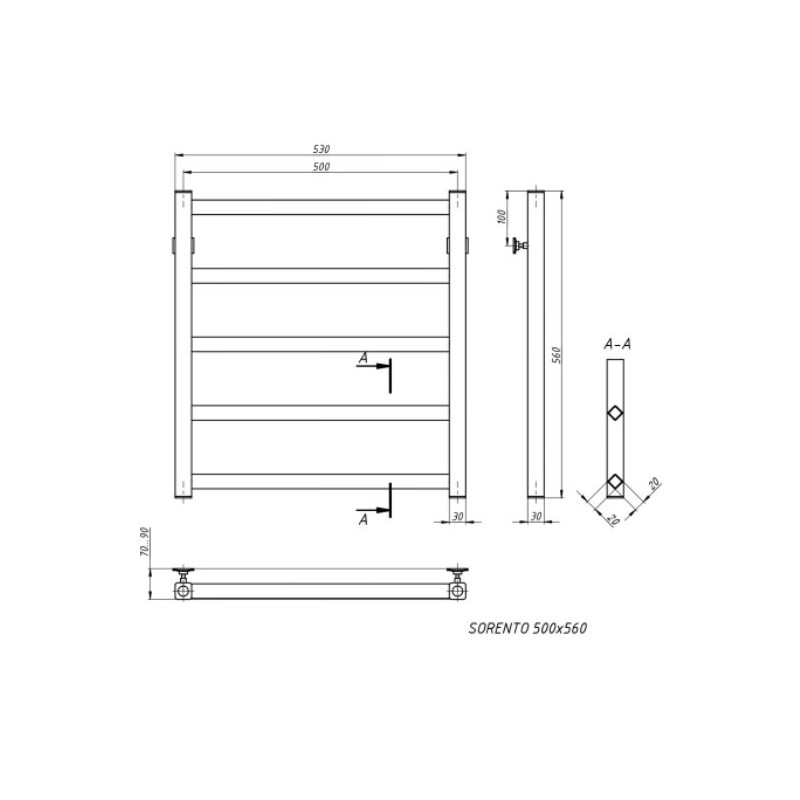 Полотенцесушитель Stinox Sorento 500x600 БП (1/2") черный матовый размеры