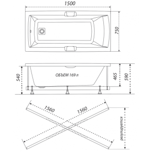 Ванна акриловая Triton Алекса 150x75 (с каркасом, сифоном, экраном) параметры