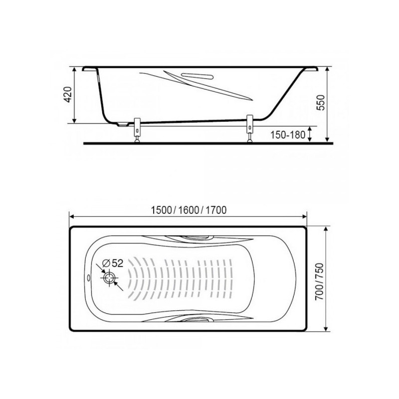 Ванна стальная Roca Princess 160x75 (с ножками и ручками) схема