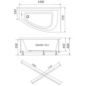 Ванна акриловая Triton Бэлла 140x75 L (с каркасом, сифоном, экраном) параметры