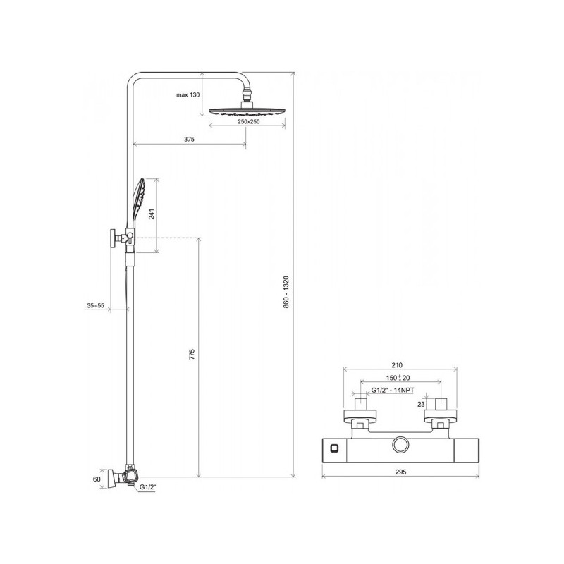 Душевая система Ravak 10° TD F 091.20/150 схема