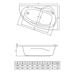 Ванна акриловая Bonito Home Emilia 150x95 L (с ножками) размеры