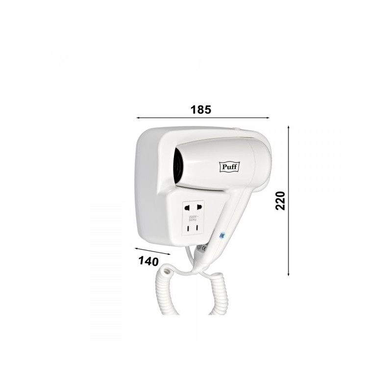 Фен настенный Puff 1200B (с розеткой для бритвы) размеры