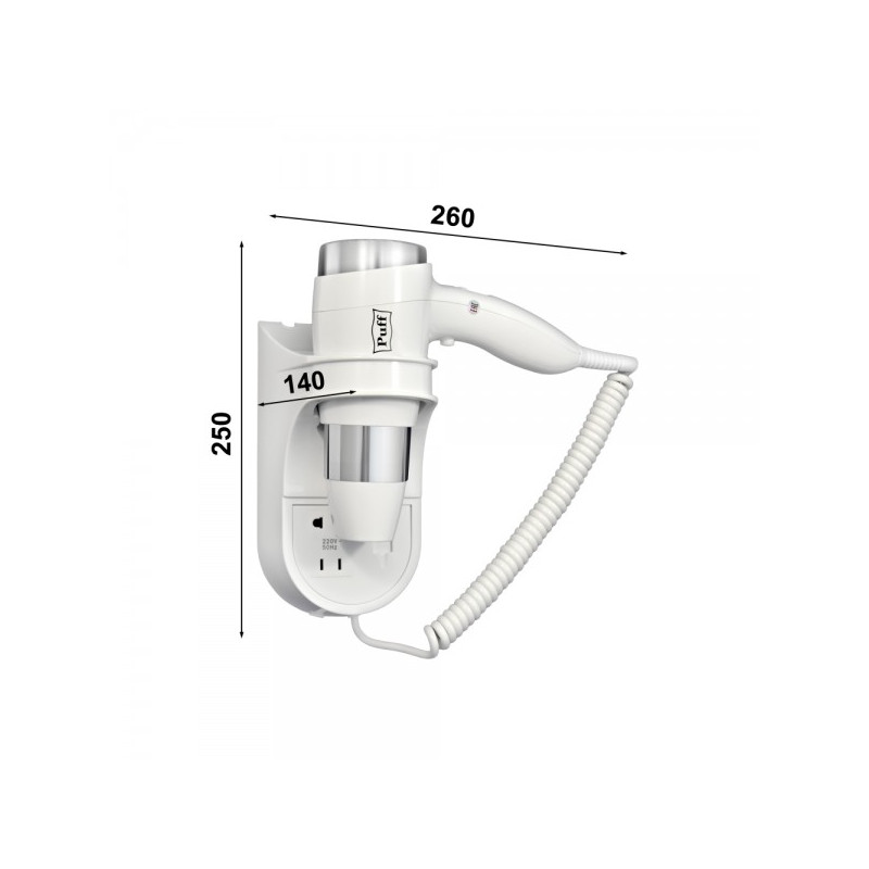 Фен настенный Puff 1600B (с розеткой для бритвы) размеры
