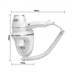 Фен настенный Puff 1800B (с розеткой для бритвы) размеры