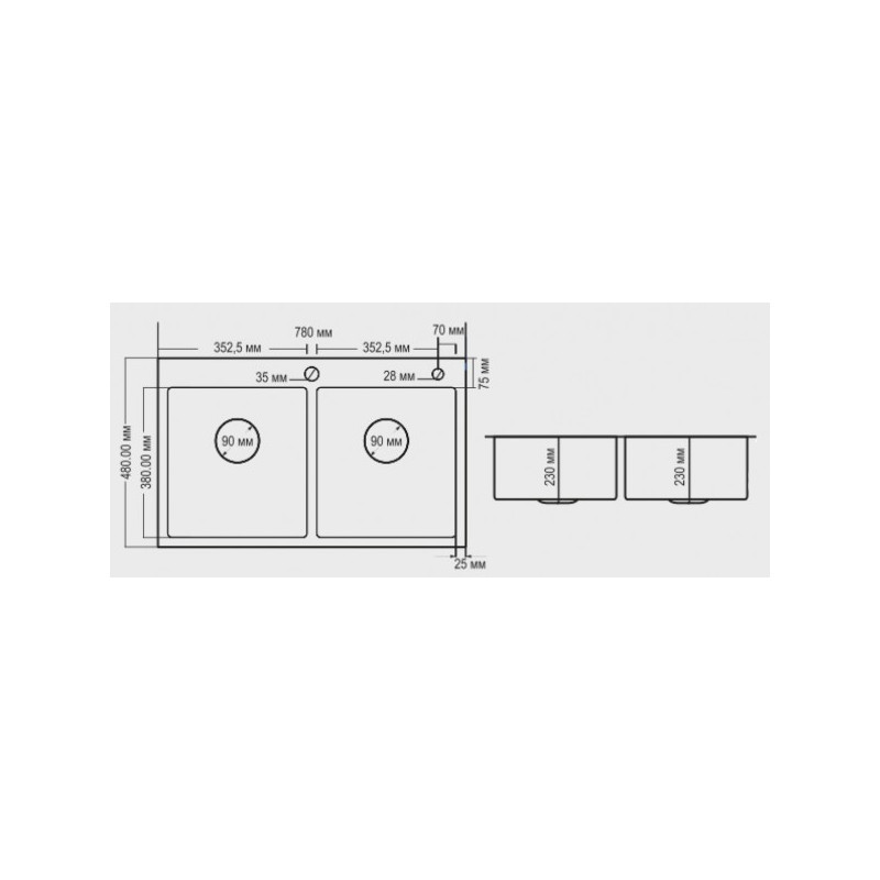 Кухонная мойка Avina HM 7848-2B PVD графит схема