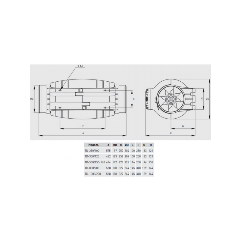Габаритные размеры вентилятора Soler&Palau TD-350/125 Silent