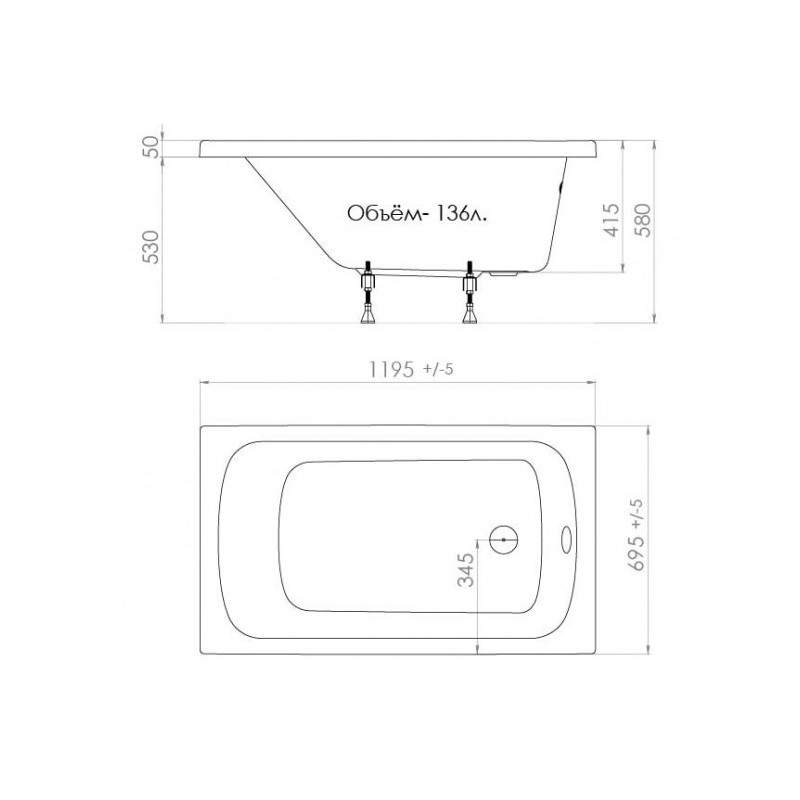 Ванна акриловая Triton Стандарт 120x70 (с ножками) параметры