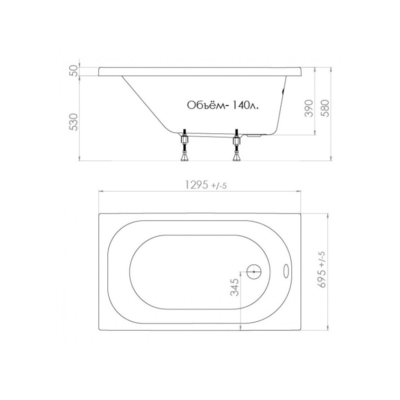Ванна акриловая Triton Стандарт 130x70 (с ножками) параметры