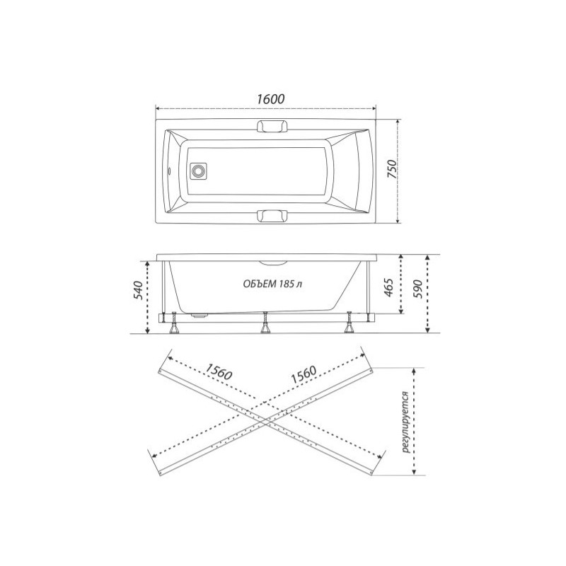 Ванна акриловая Triton Алекса Базовая 160x75 (с ручками, гидромассажем) параметры