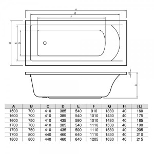 Ванна акриловая Bonito Home Aventura 170x80 (с ножками) параметры