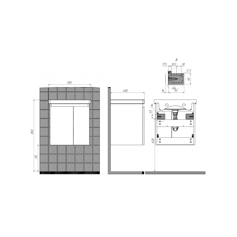 Тумба с умывальником Briz Бьелла 50 364 03-18050-06 00 БЕЛ схема