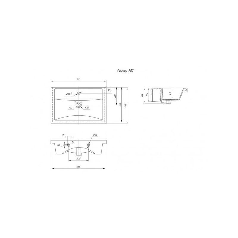 Тумба с умывальником Briz Бьелла 70 364 03-18070-06 00 БЕЛ схема умывальника