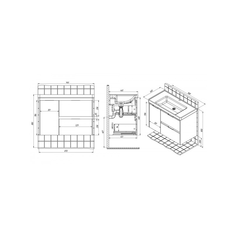 Тумба с умывальником Briz Вена 90 239 03-20090-15 00 БЕЛ схема