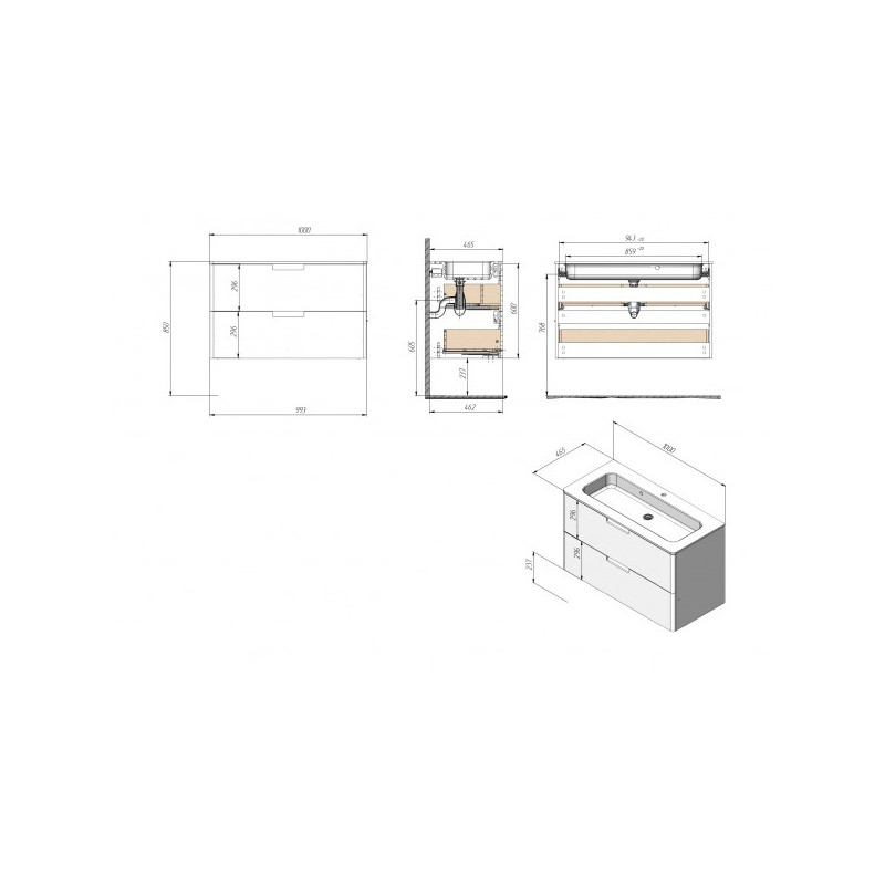 Тумба с умывальником Briz Прато 100 240 03-18100-16 00 БЕЛ схема