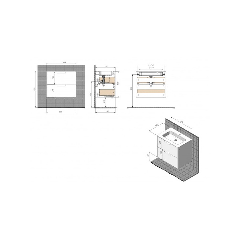 Тумба с умывальником Briz Прато 70 240 03-18070-16 00 БЕЛ схема