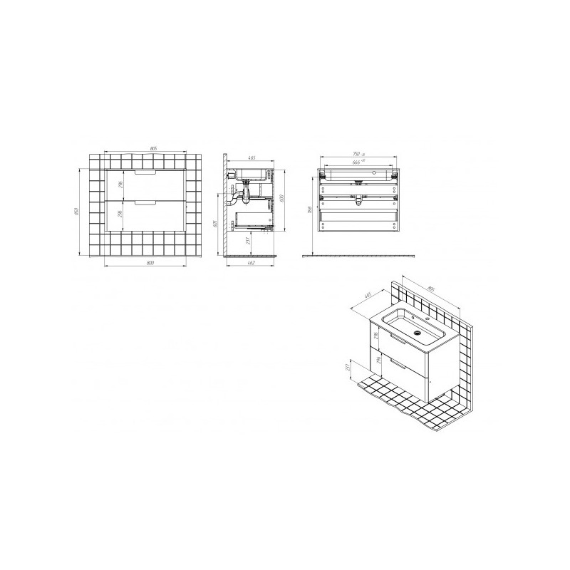 Тумба с умывальником Briz Прато 80 240 03-18080-16 00 БЕЛ схема