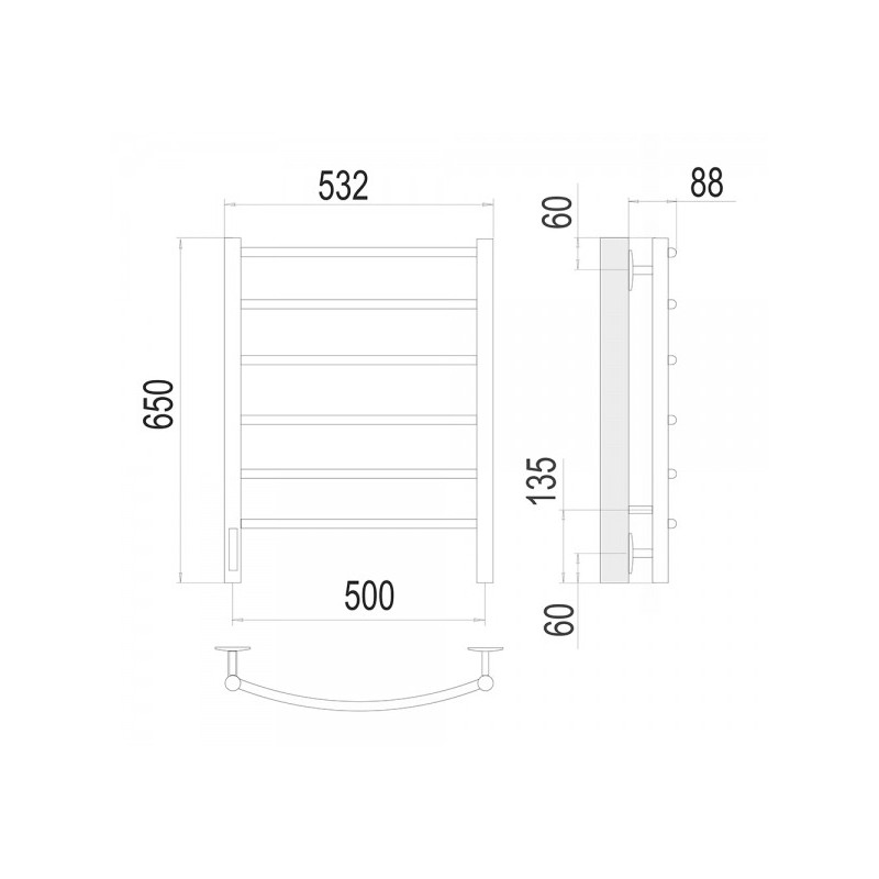 Полотенцесушитель Terminus Классик электро П6 500х650 НП диммер слева схема