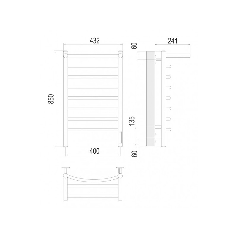 Полотенцесушитель Terminus Классик электро П8 400х850 НП (1/2") с полочкой схема