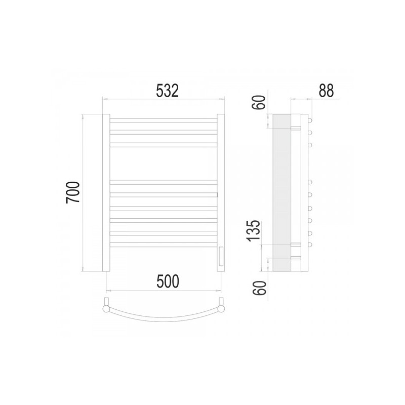 Полотенцесушитель Terminus Классик электро П9 500х700 НП (1/2") схема