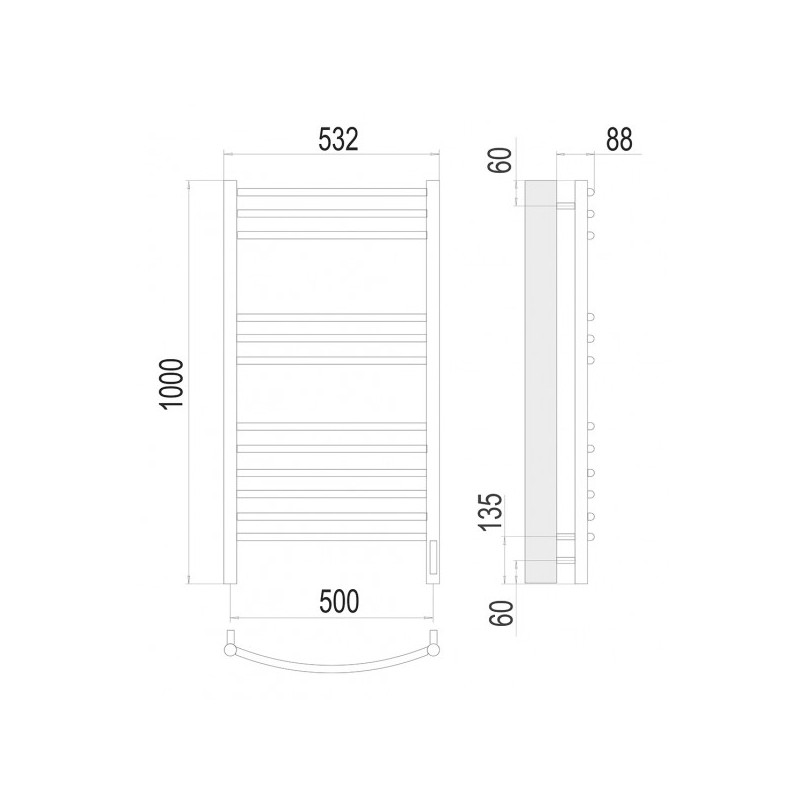 Полотенцесушитель Terminus Классик электро П12 500х1000 НП (1/2") схема