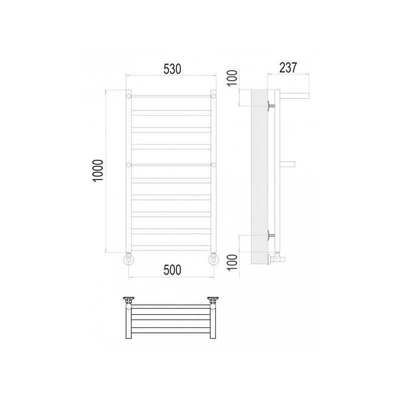 Полотенцесушитель Terminus Хендрикс П10 500х1000 НП (1/2") с 2 полочками схема