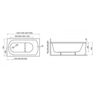Ванна акриловая Polimat Classic 150x70 (с ножками) схема