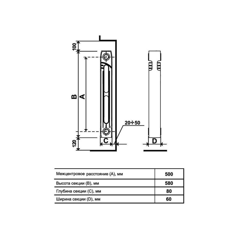 Радиатор чугунный STI Нова 500 (14 секций) схема