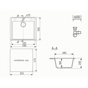 Кухонная мойка Ulgran Quartz Forte 580-07 уголь схема
