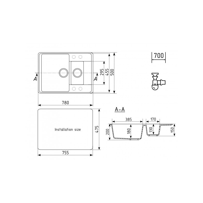 Кухонная мойка Ulgran Quartz Prima 780 1,5К-07 уголь схема