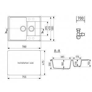 Кухонная мойка Ulgran Quartz Prima 780 1,5К-07 уголь схема
