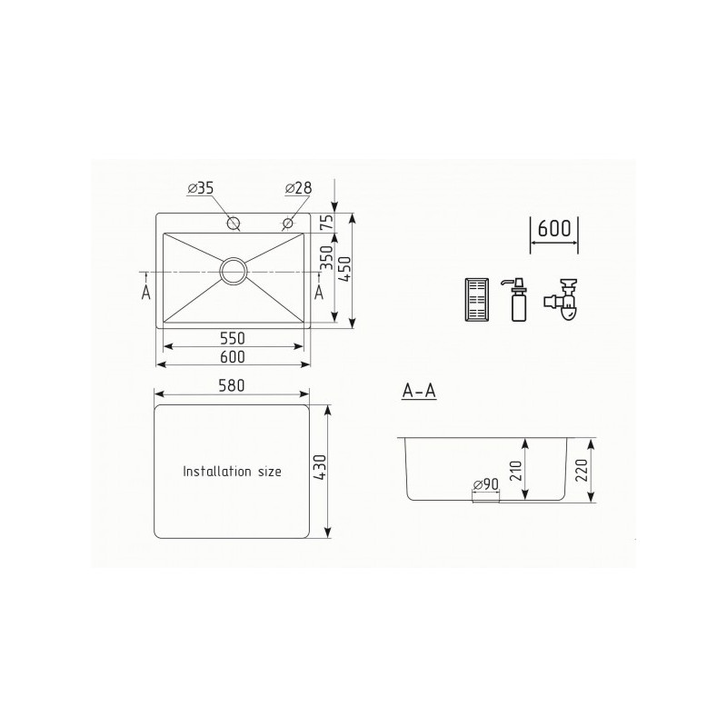 Кухонная мойка Ulgran Steel 600 черная брашированная сталь схема