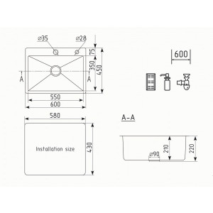 Кухонная мойка Ulgran Steel 600 черная брашированная сталь схема
