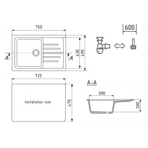 Кухонная мойка Ulgran U 400 342 графитовый схема
