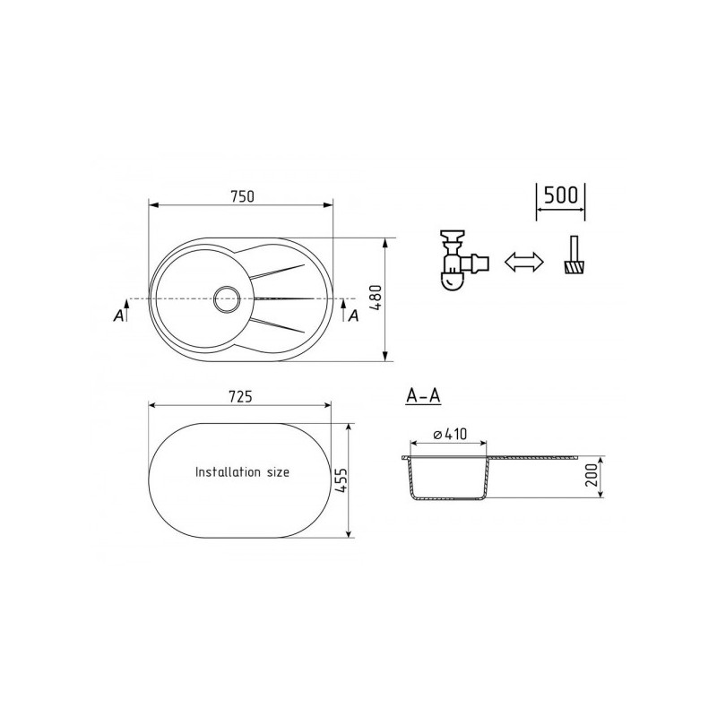 Кухонная мойка Ulgran U 503 344 ультра-черный схема