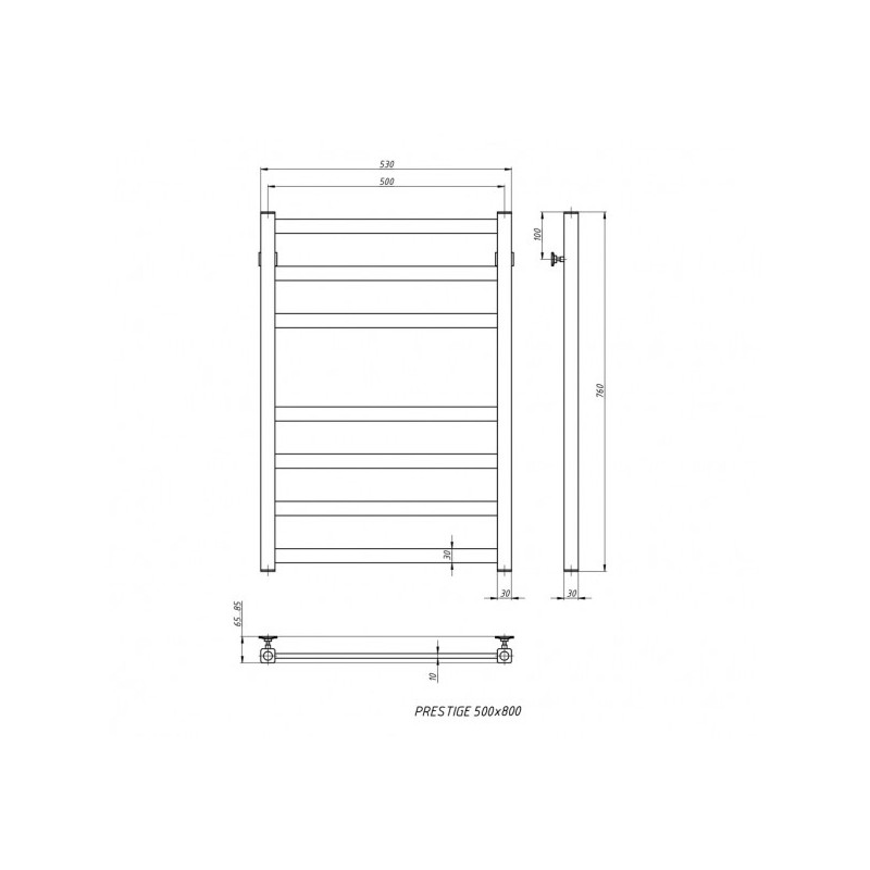 Полотенцесушитель Stinox Prestige 500x800 НП (1/2") с полочкой черный матовый схема