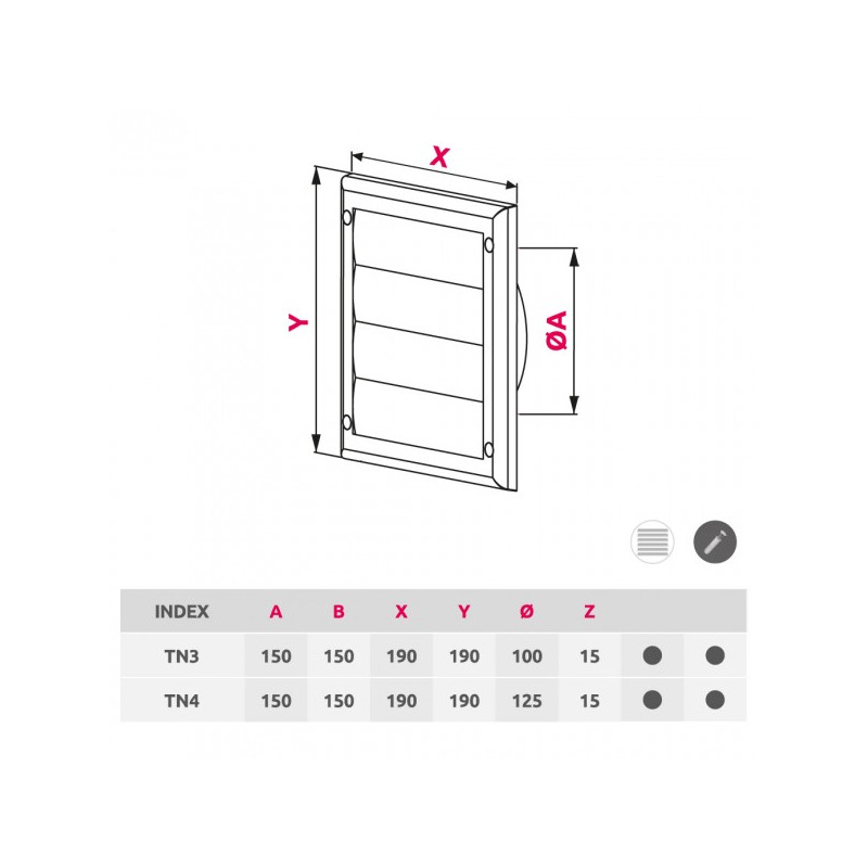 Решетка для однонаправленной подачи воздуха с затворкой и фланцем Awenta TN3 19x19/d100 белая размеры