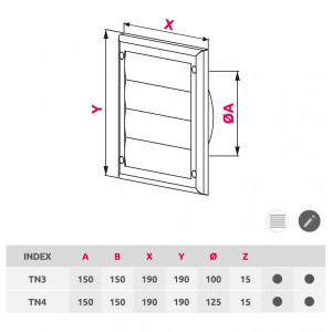 Решетка для однонаправленной подачи воздуха с затворкой и фланцем Awenta TN4 19x19/d125 белая размеры