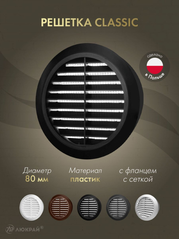 Решетка с сеткой от насекомых Awenta Classic T42CZ (d80) черная