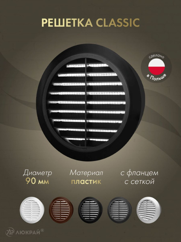 Решетка с сеткой от насекомых Awenta Classic T44CZ (d90) черная