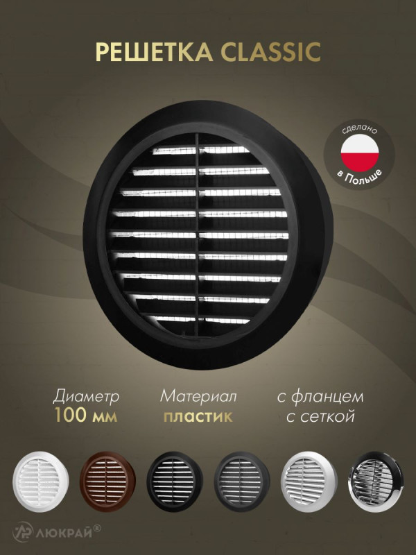 Решетка с сеткой от насекомых Awenta Classic T30CZ (d100) черная